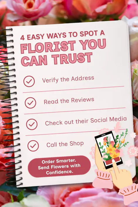 Infographic titled "4 Easy Ways to Spot a Florist You Can Trust" with tips on verifying a florist before ordering flowers