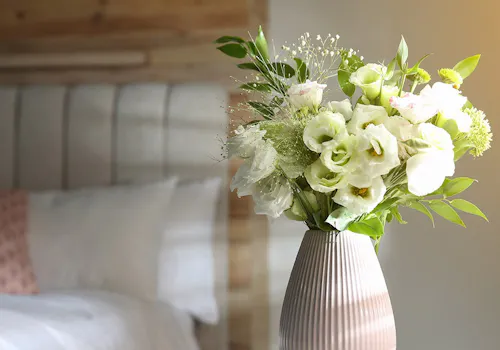 A cheerful bouquet of white flowers radiates beside a bedroom window