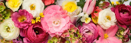 Assorted colorful flowers including pink roses, white ranunculus, and yellow blooms are arranged closely together
