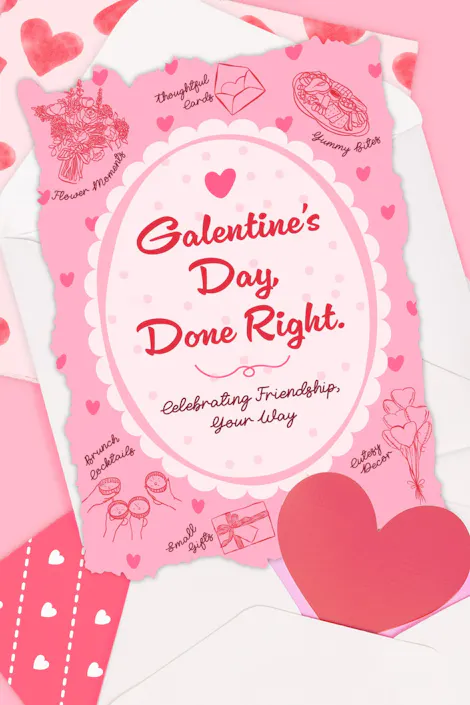 Pink Galentine's Day card on a pink background with hearts, flowers, brunch cocktails, cute decor, and yummy bites. The card reads &nbsp;Galentine's Day Done Right. Celebrating Friendship, Your Way.&nbsp;