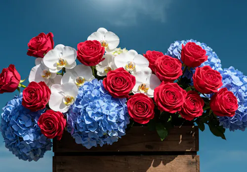 Red roses, white orchids, and blue hydrangeas arranged in a wooden planter, showing a bold Patriotic floral arrangement.