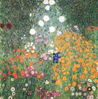 Painting of brightly colored flowers bloom abundantly in a dense garden, displaying hues of orange, red, purple, white, and green foliage. The scene conveys a vibrant, lush natural environment.