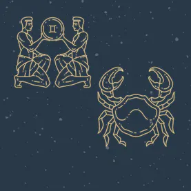 Two outlined figures kneel, holding a disc with a Gemini symbol, and an outlined crab stands below; set on a dark speckled background resembling a starry night sky.