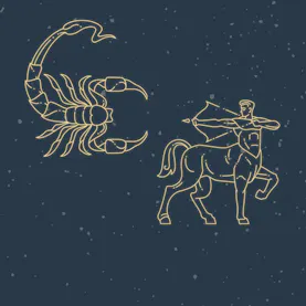 Glowing outlines of a scorpion and a centaur holding a bow, set against a dark starry sky.
