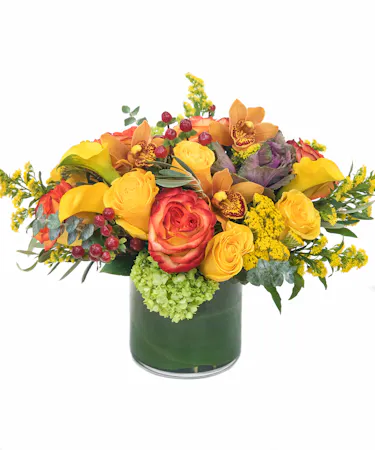 Features roses in red and orange along with red and green hypericum and green hydrangeas – skillfully designed in a cylinder vase with curly willow tips and leaves.