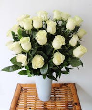 Long Stem White Roses in White Vase