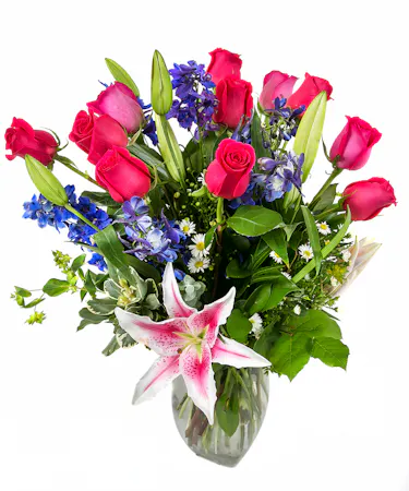 Roses, Lilies & Delphinium Arrangement