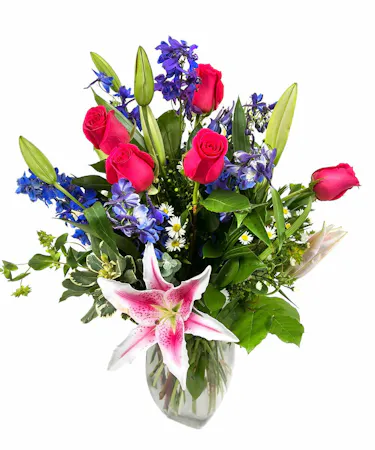 Roses, Lilies & Delphinium Arrangement