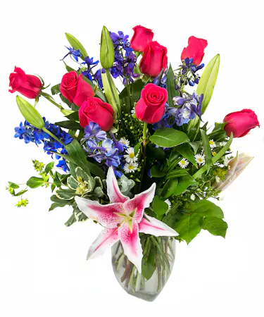 Roses, Lilies & Delphinium Arrangement