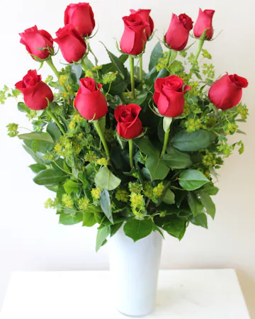 Long Stem Red Roses in White Vase in Boston, MA