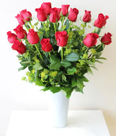 Long Stem Red Roses in White Vase in Boston, MA