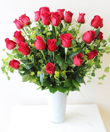 Long Stem Roses in Premium White Glass Vase