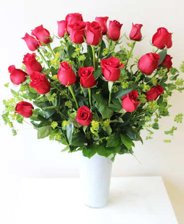 Long Stem Red Roses in White Vase in Boston, MA